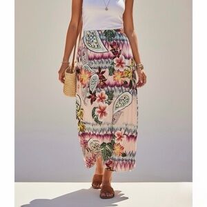 CHICOS Tropical Hawaiian Vacation Floral Stretch Knit Pull On Maxi Skirt 2 L
